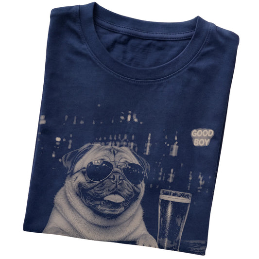 Navy Pug at a bar beside a pint, folded detail view