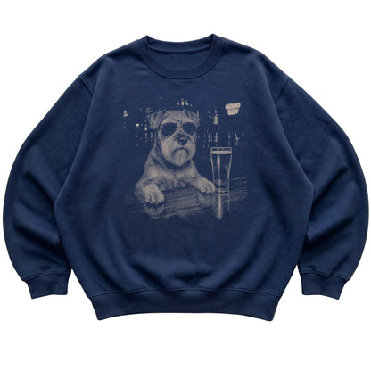 Navy Schnauzer at a bar beside a pint, laid flat