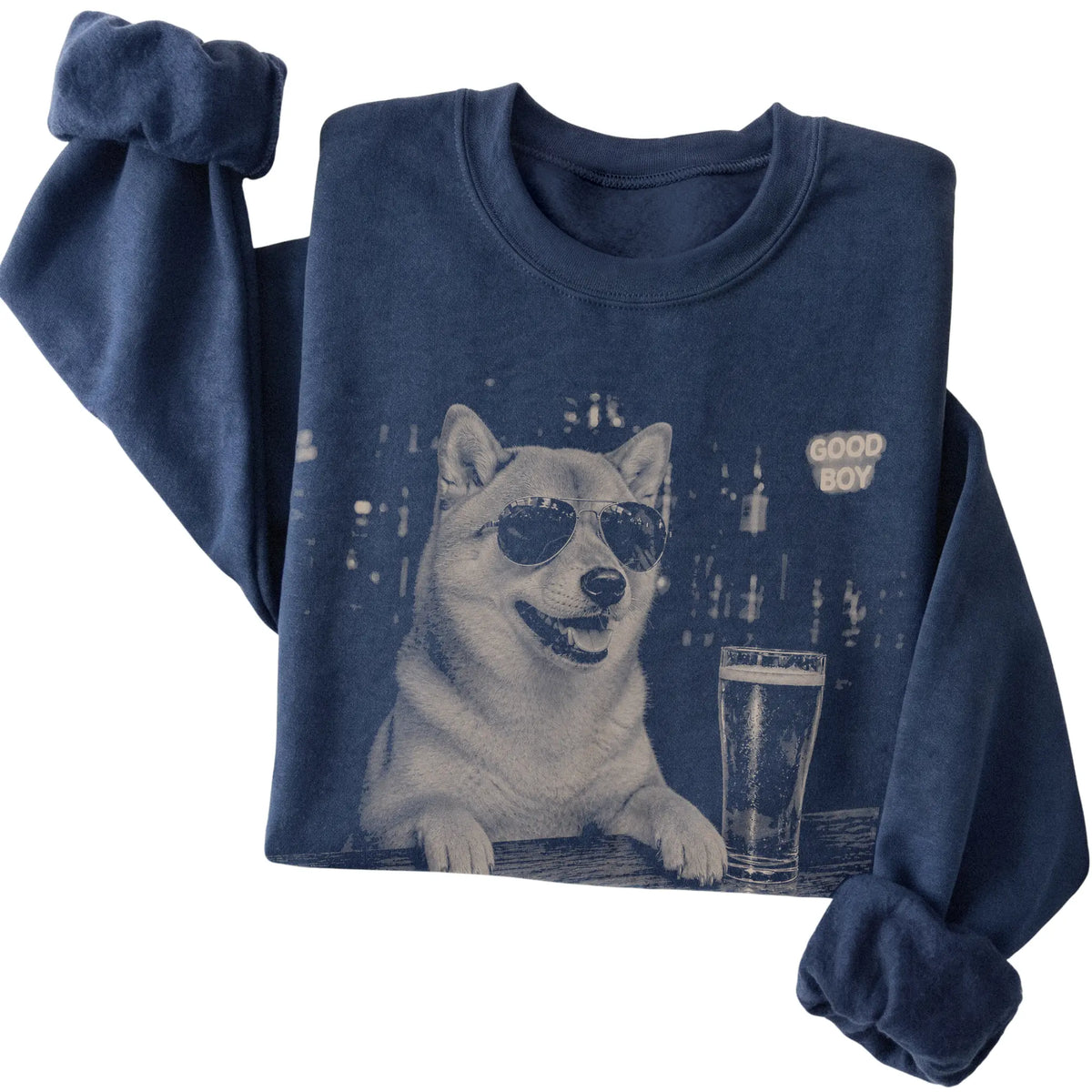 Navy Shiba Inu at a bar beside a pint, folded detail view
