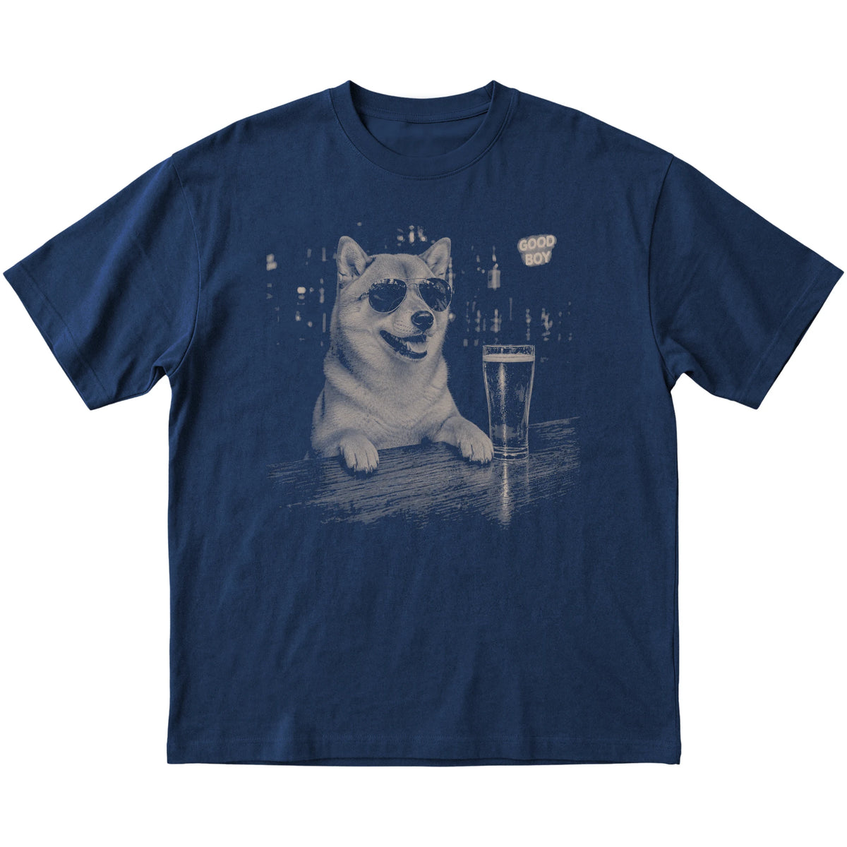 Navy Shiba Inu at a bar beside a pint, laid flat