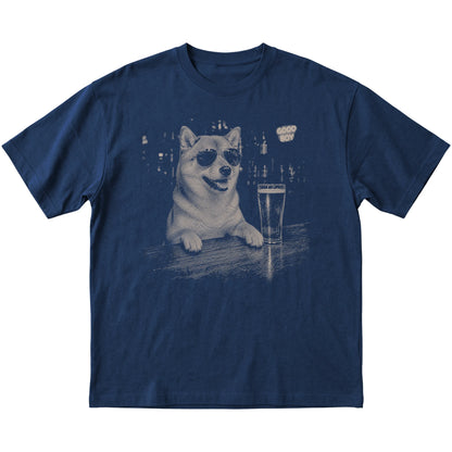 Navy Shiba Inu at a bar beside a pint, laid flat