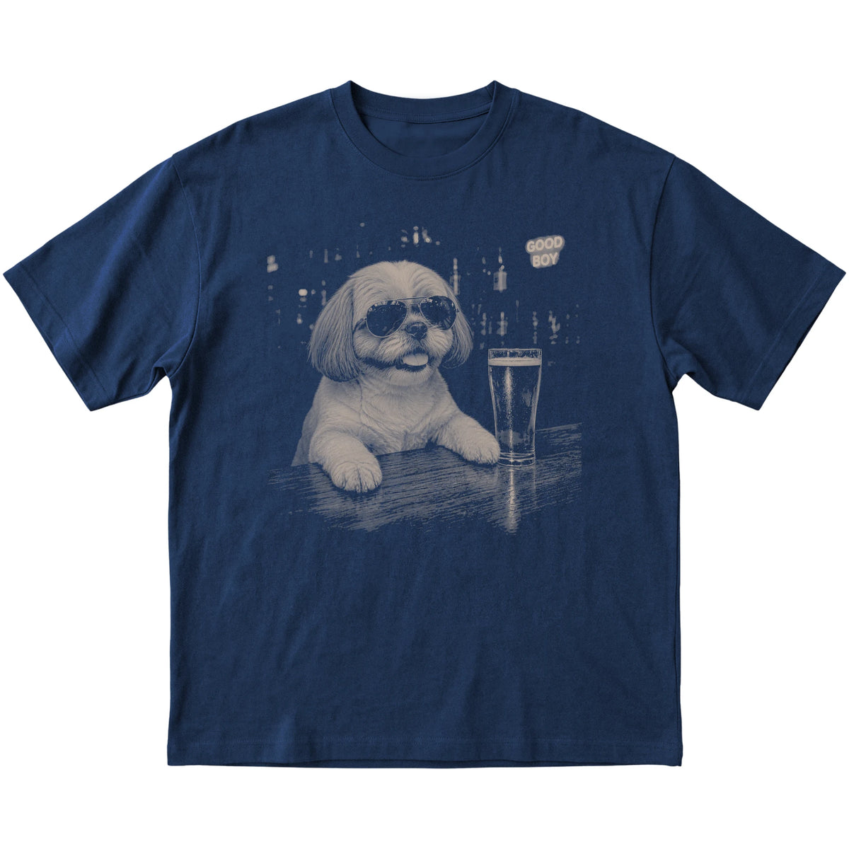 Navy Shih Tzu at a bar beside a pint, laid flat