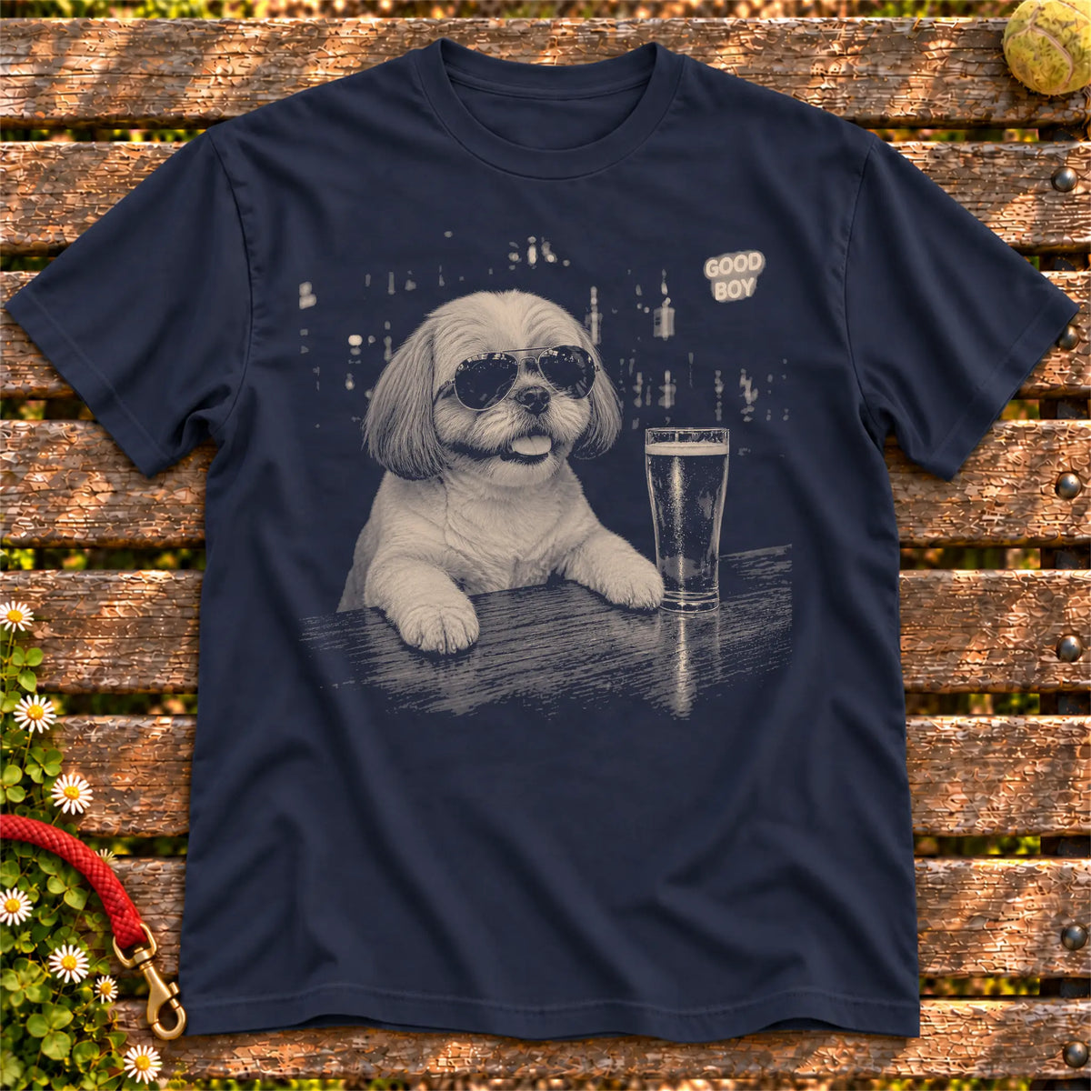 Shih Tzu Drinking Beer on a Navy T-shirt, shown flat