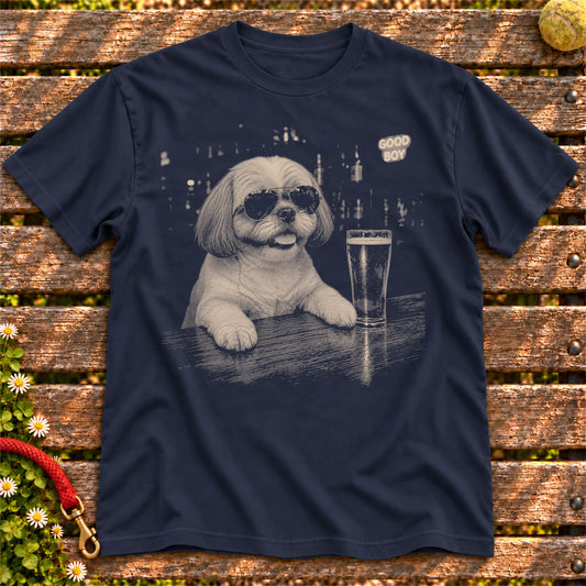 Shih Tzu Drinking Beer on a Navy T-shirt, shown flat