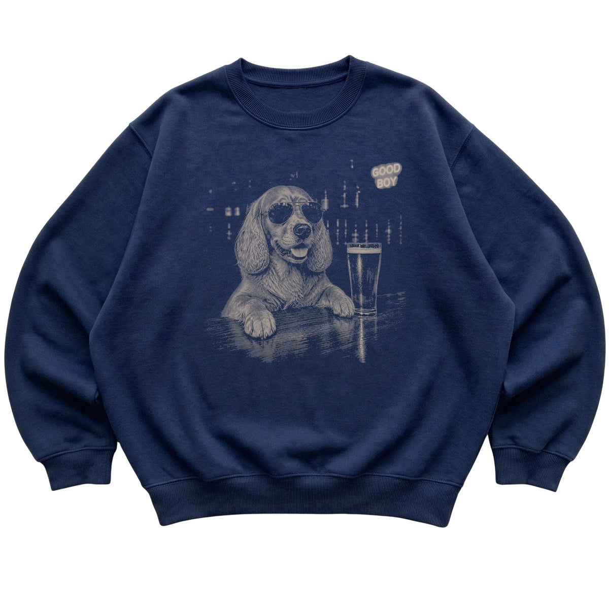 Navy Springer Spaniel at a bar beside a pint, laid flat