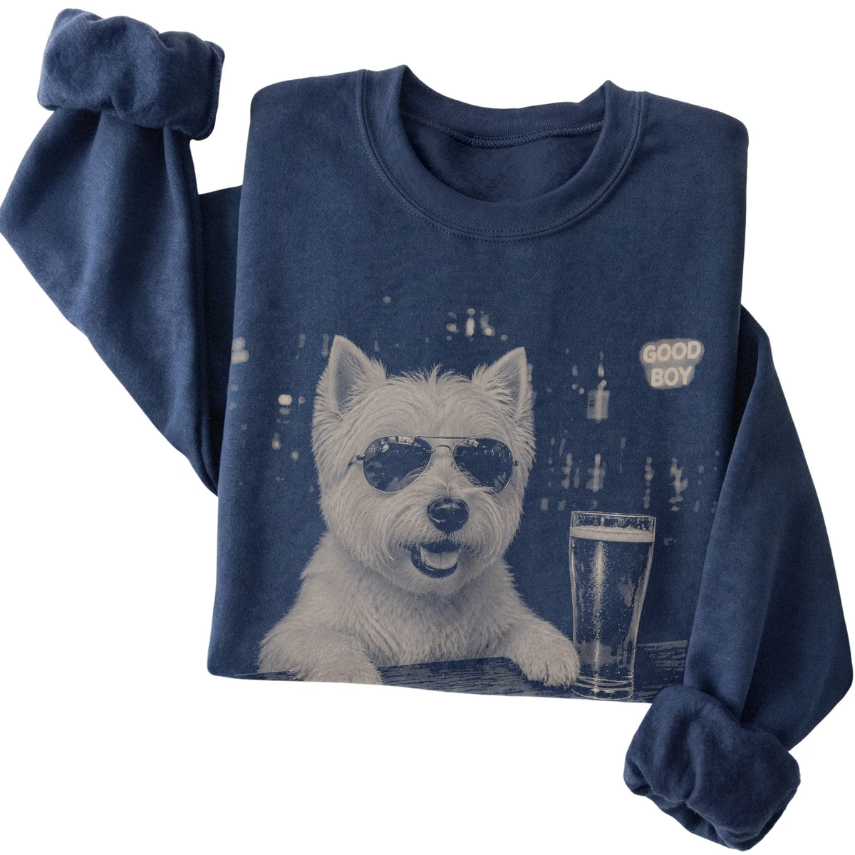 Navy Westie at a bar beside a pint, folded detail view