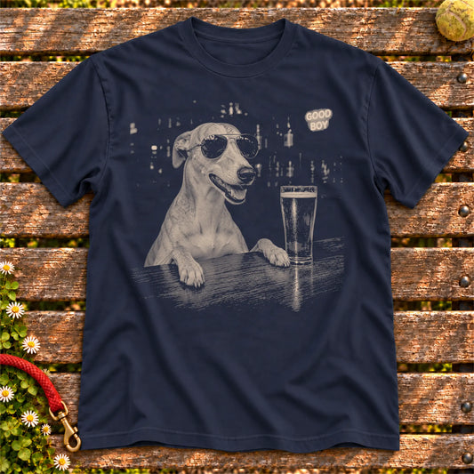 Whippet Drinking Beer on a Navy T-shirt, shown flat