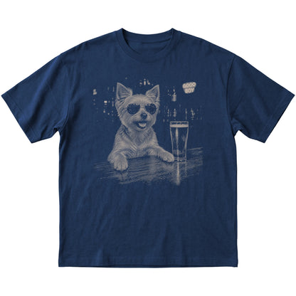 Navy Yorkie at a bar beside a pint, laid flat