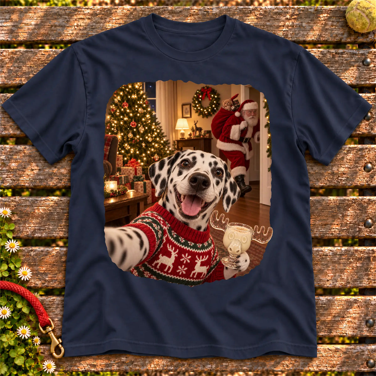 Dalmatian Eggnog Selfie design on a Navy Gildan® T-shirt