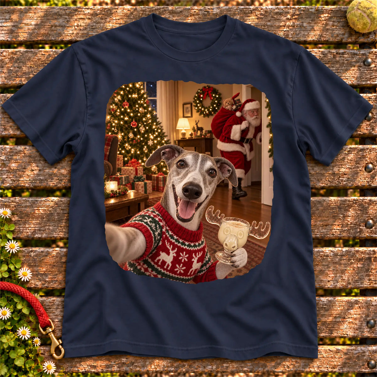 Greyhound Eggnog Selfie design on a Navy Gildan® T-shirt