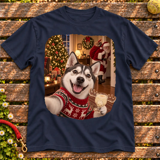 Husky Eggnog Selfie design on a Navy Gildan® T-shirt