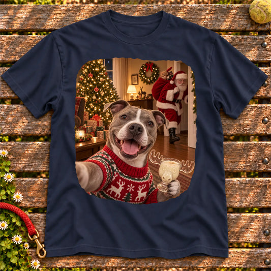 Pitbull Eggnog Selfie design on a Navy Gildan® T-shirt