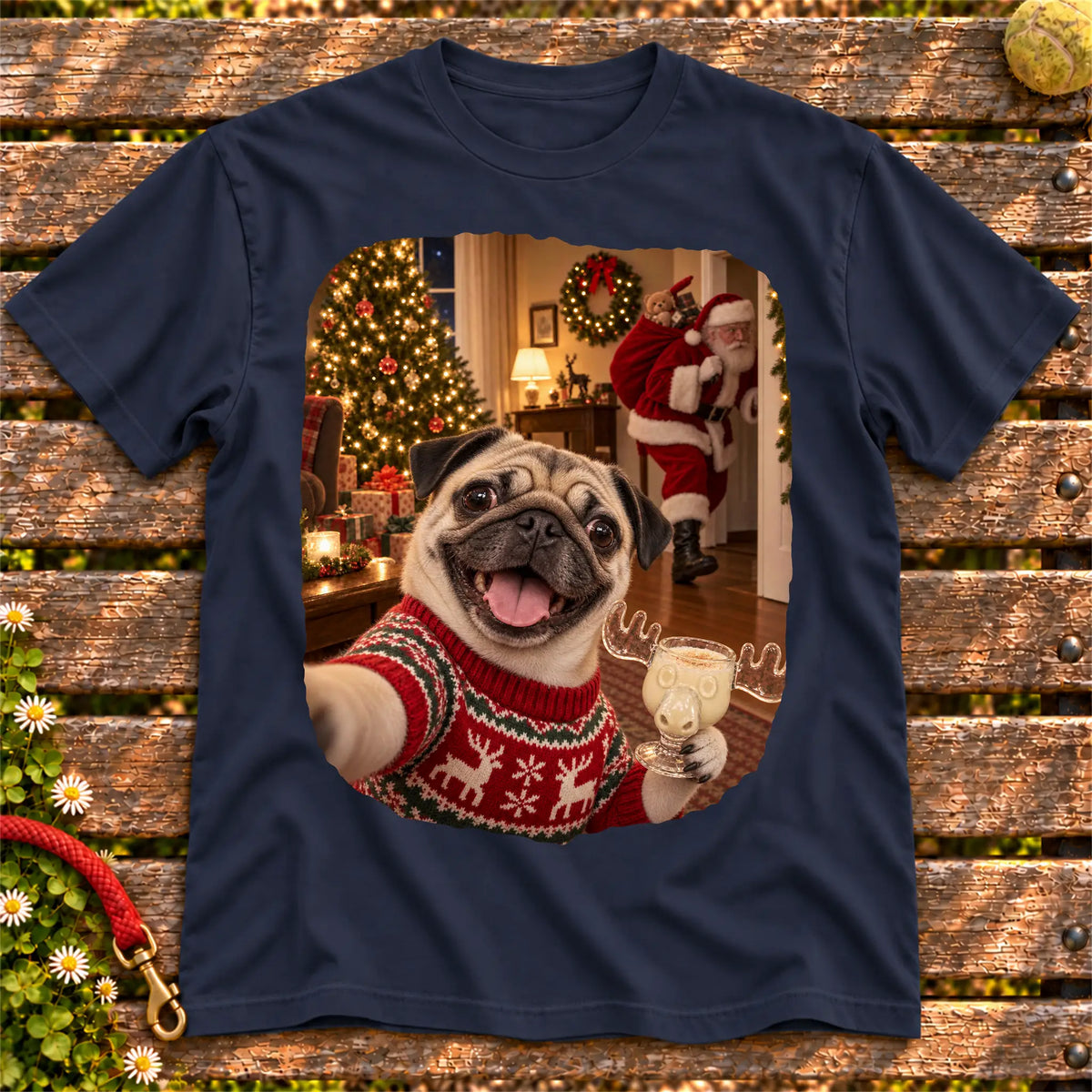 Pug Eggnog Selfie design on a Navy Gildan® T-shirt