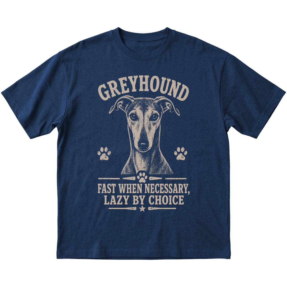 Navy T-shirt featuring Fast When Necessary, Lazy By Choice - Greyhound, laid-flat presentation
