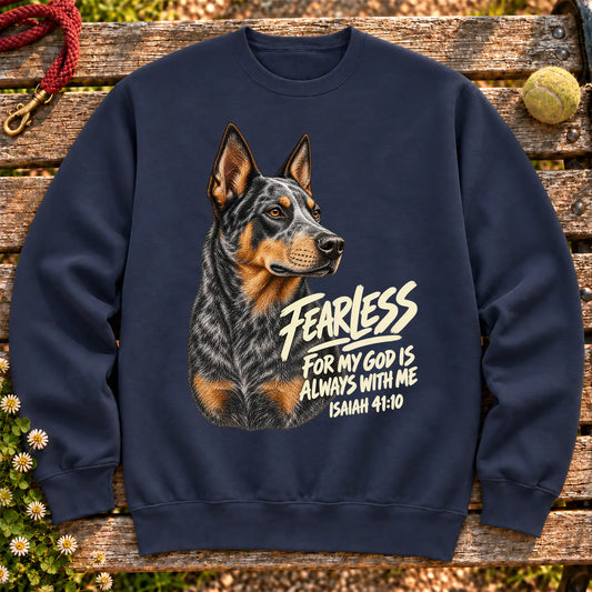 Navy sweatshirt with a fearless Blue Heeler and Isaiah 41:10