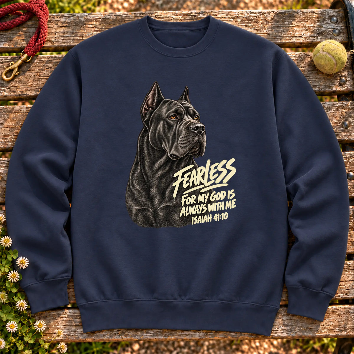 Navy sweatshirt with a fearless Cane Corso and Isaiah 41:10