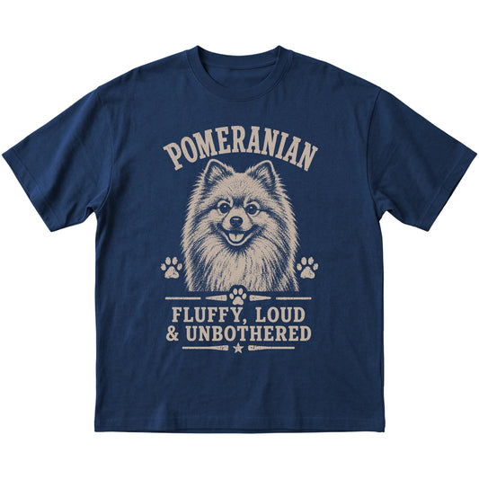 Navy T-shirt featuring Fluffy, Loud & Unbothered - Pomeranian, laid-flat presentation