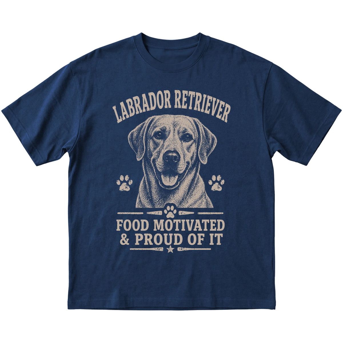 Navy T-shirt featuring Food Motivated & Proud Of It - Labrador Retriever, laid-flat presentation