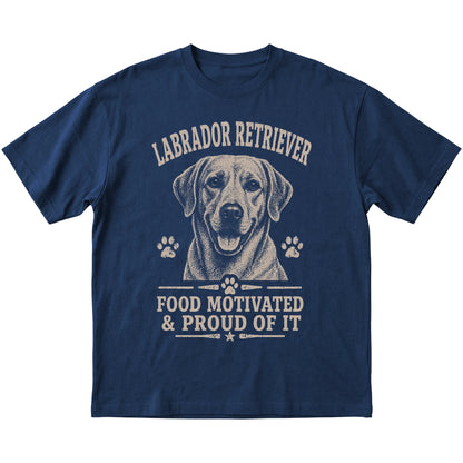 Navy T-shirt featuring Food Motivated & Proud Of It - Labrador Retriever, laid-flat presentation