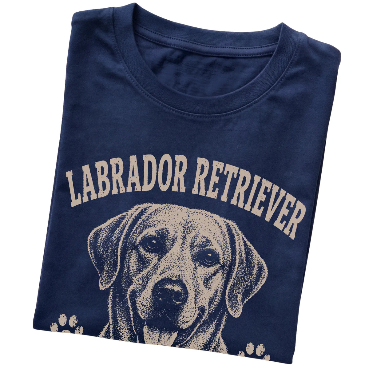 Navy T-shirt featuring Food Motivated & Proud Of It - Labrador Retriever, folded presentation