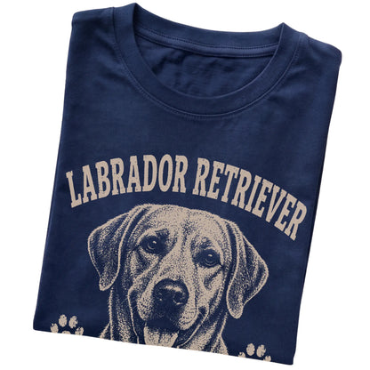 Navy T-shirt featuring Food Motivated & Proud Of It - Labrador Retriever, folded presentation