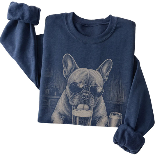 Navy Frenchie drinking from a pint at a bar, folded detail view