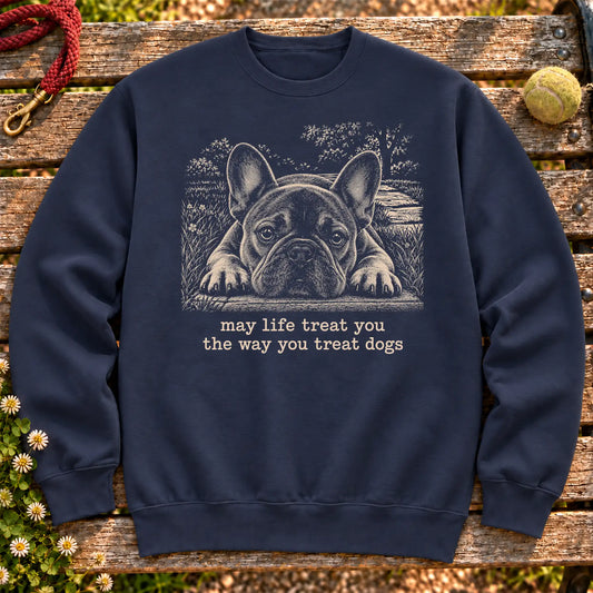 French Bulldog Karma dog quote design on a Navy crewneck sweatshirt shown flat