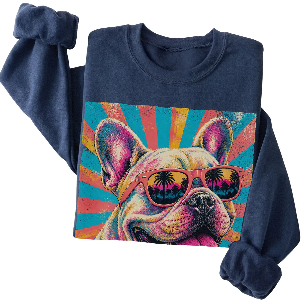 Folded Navy crewneck sweatshirt with a Retro French Bulldog Mama design