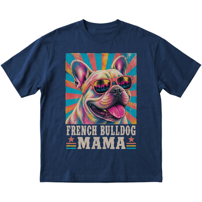 Retro French Bulldog Mama design on a Navy softstyle T-shirt