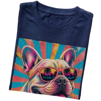 Folded Navy softstyle T-shirt with a Retro French Bulldog Mama design