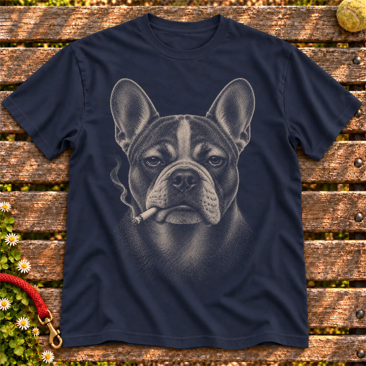 French Bulldog smoking design on a Navy t-shirt