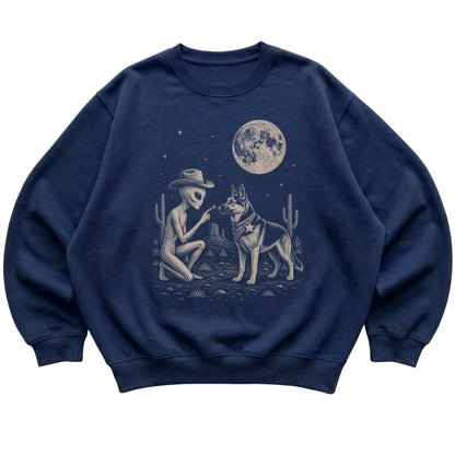 Navy crewneck sweatshirt featuring German Shepherd Cowboy and Alien, laid-flat presentation