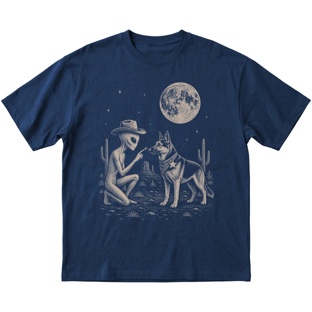 Navy T-shirt featuring German Shepherd Cowboy and Alien, laid-flat presentation