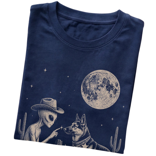 Navy T-shirt featuring German Shepherd Cowboy and Alien, folded presentation