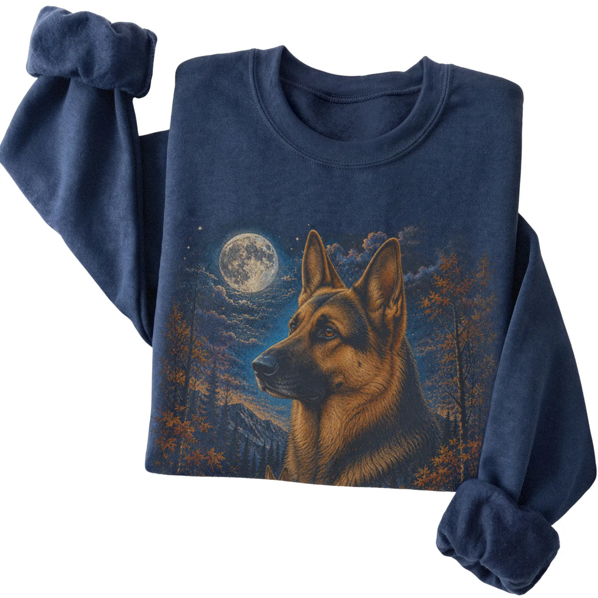 Folded navy sweatshirt with German Shepherd Autumn Moon artwork.