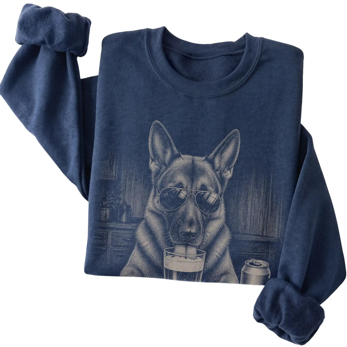 Navy German Shepherd drinking from a pint at a bar, folded detail view