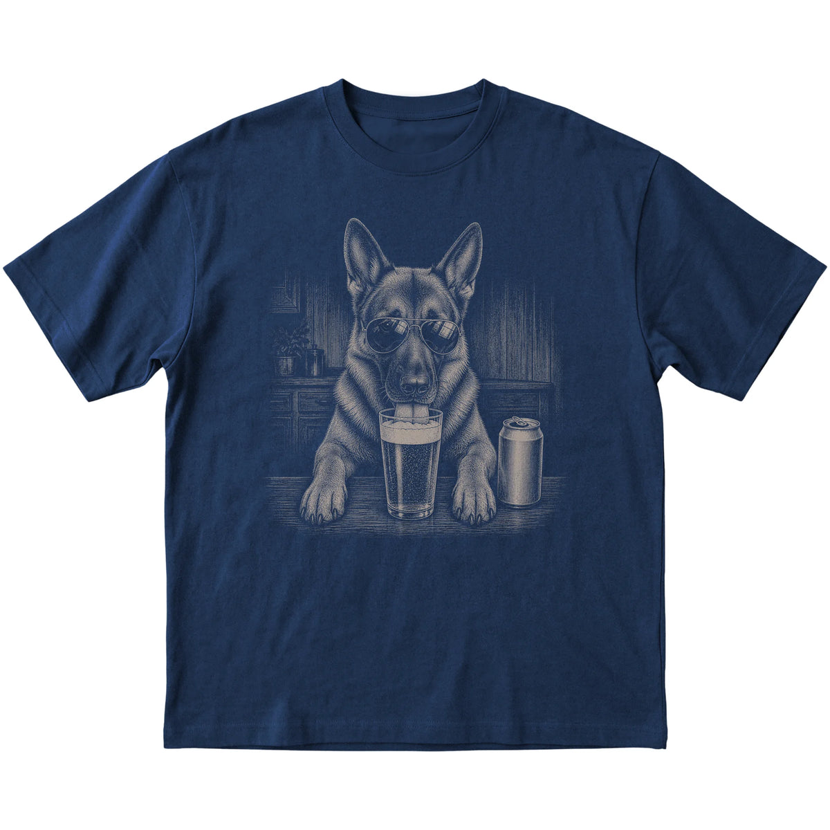 Navy German Shepherd drinking from a pint at a bar, laid flat