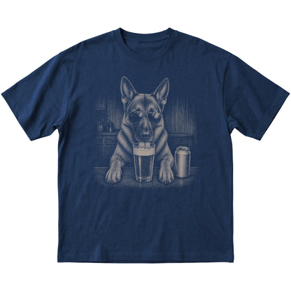 Navy German Shepherd drinking from a pint at a bar, laid flat