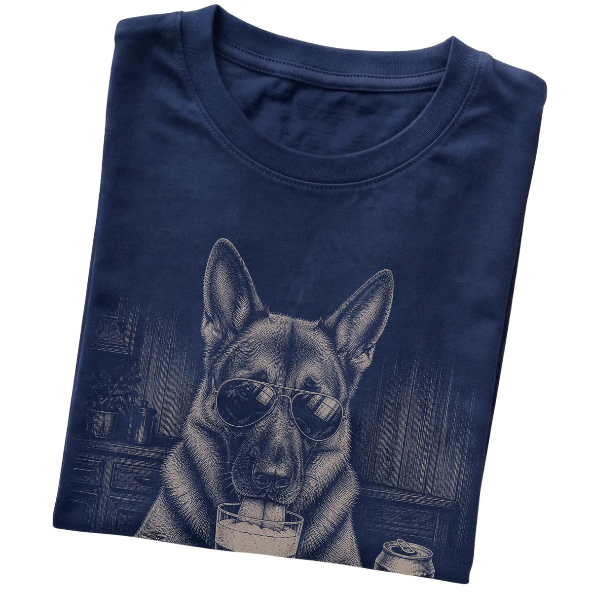 Navy German Shepherd drinking from a pint at a bar, folded detail view