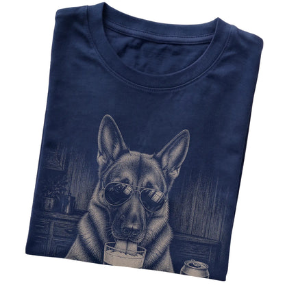 Navy German Shepherd drinking from a pint at a bar, folded detail view