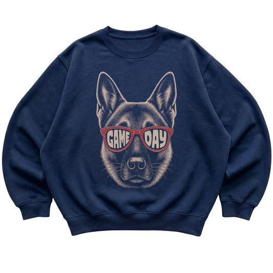 Navy German Shepherd Game Day Sunglasses sweatshirt, laid flat