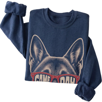 Navy German Shepherd Game Day Sunglasses sweatshirt, folded