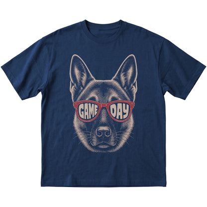 Navy German Shepherd Game Day Sunglasses T-shirt, laid flat