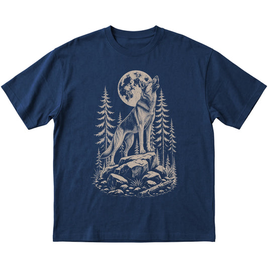Close view of German Shepherd Howling at the Moon artwork on Navy softstyle T-shirt