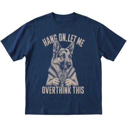 Navy T-shirt featuring Overthinking German Shepherd, laid-flat presentation