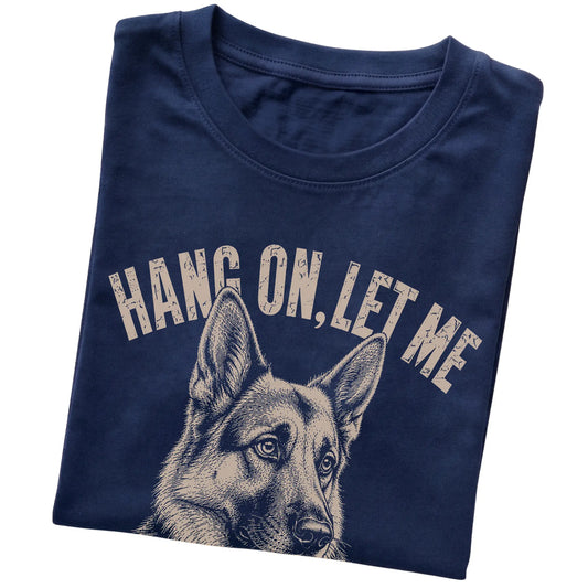 Navy T-shirt featuring Overthinking German Shepherd, folded presentation