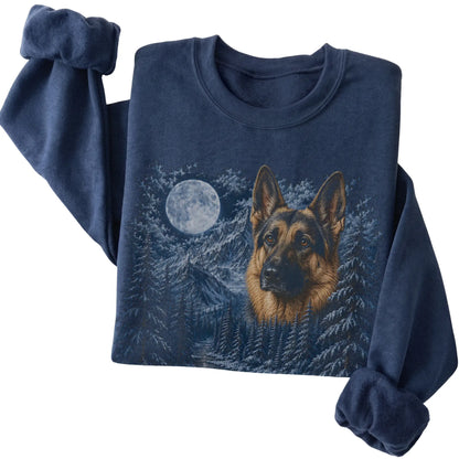 Folded navy sweatshirt with German Shepherd Winter Moon artwork.