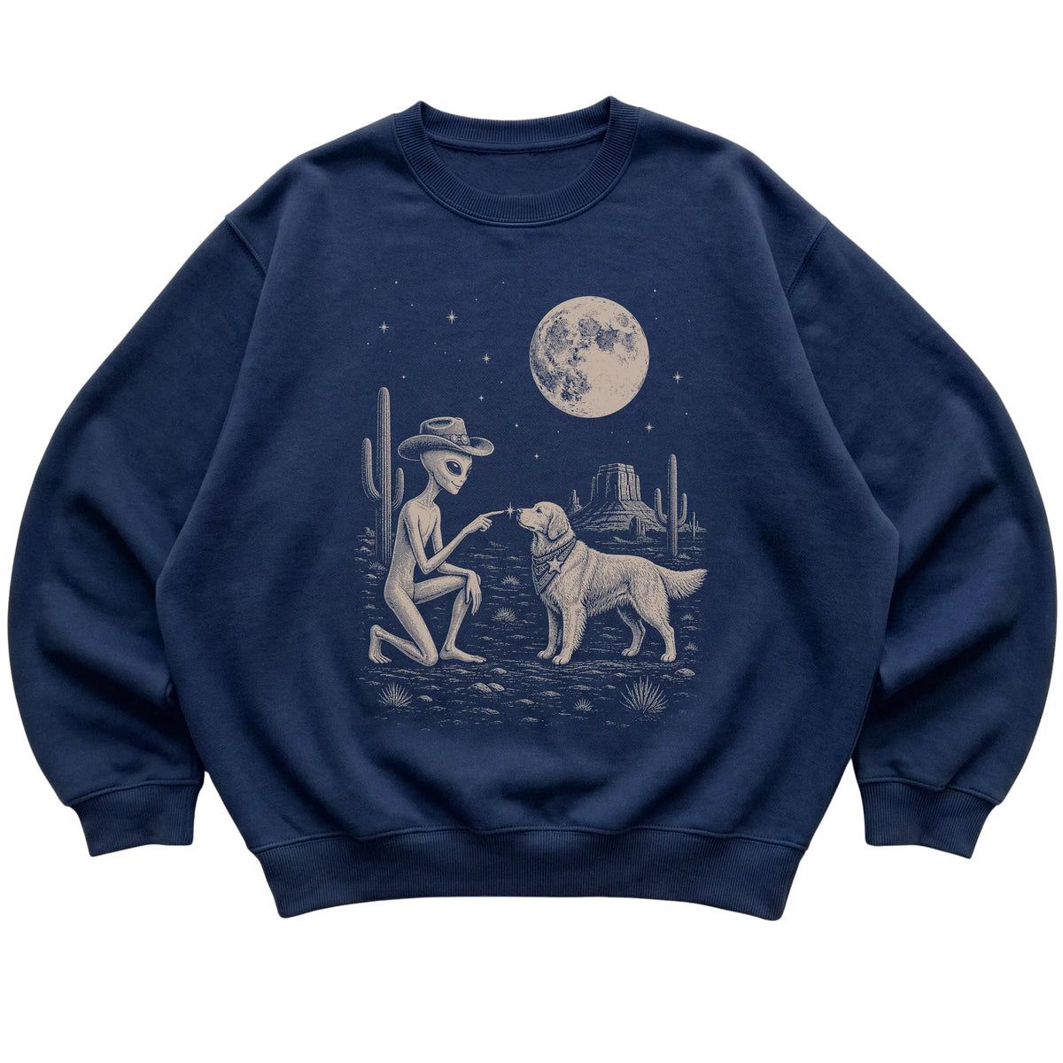 Navy crewneck sweatshirt featuring Golden Retriever Cowboy and Alien, laid-flat presentation