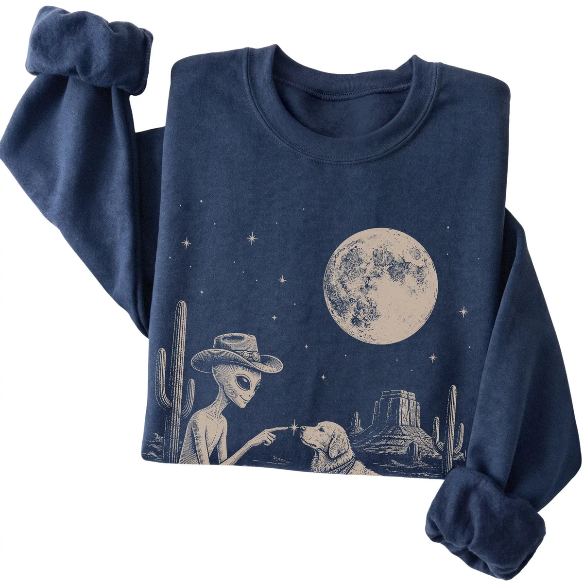 Navy crewneck sweatshirt featuring Golden Retriever Cowboy and Alien, folded presentation