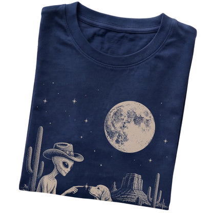 Navy T-shirt featuring Golden Retriever Cowboy and Alien, folded presentation